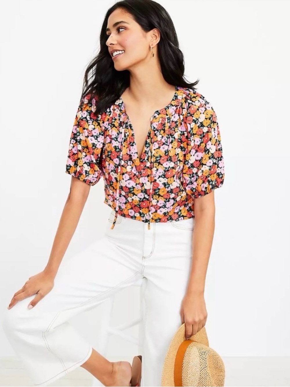 LOFT Floral Tie Neck Puff Sleeve Top Size M